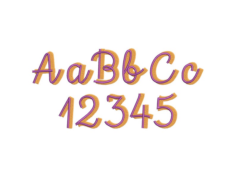 May include: A set of cursive letters and numbers in a light brown color with a purple outline. The letters are A, a, B, b, C, c. The numbers are 1, 2, 3, 4, 5.