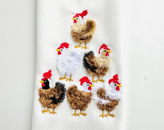 Awesome Chicken flock with Santa hat machine embroidery designs Fringed Fluffy chenille farm bird Chickens Christmas tree multiple sizes