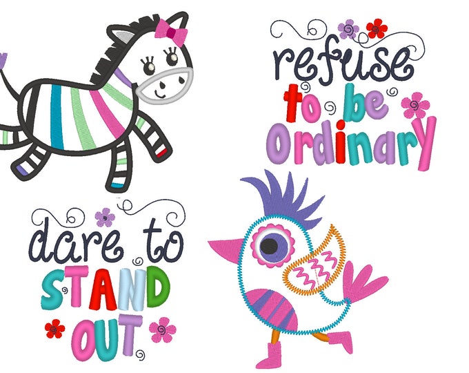 Refuse to be ordinary and Dare to stand out Rainbow zebra and bird collection SET of 4 applique machine embroidery designs for hoop 4x4, 5x7