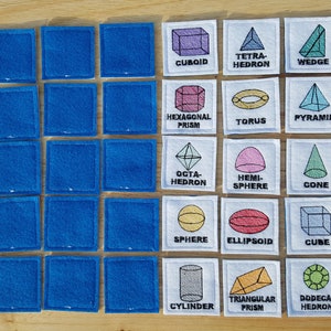 以下が含まれることがあります： さまざまな幾何学的な形が刺繍された、フェルトの正方形18枚のセット。各正方形は白い背景に黒い輪郭があり、画像の下に形の名称が書かれています。形には、立方体、直方体、四面体、くさび形、六角柱、トーラス、ピラミッド、八面体、半球、円錐、球体、楕円体、円柱、三角柱、十二面体があります。