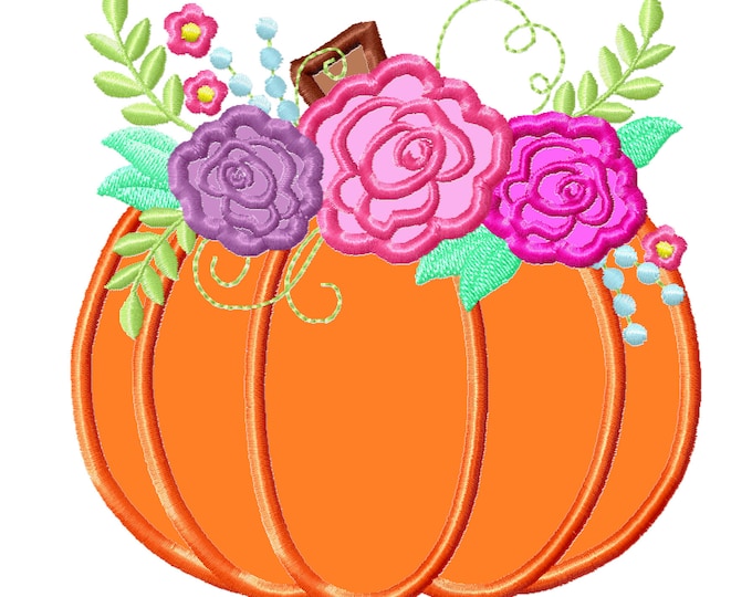 Floral Pumpkin Applique Design ~ Fall Pumpkin  Autumn pumpkin with shabby chick roses flowers crown applique machine embroidery designs