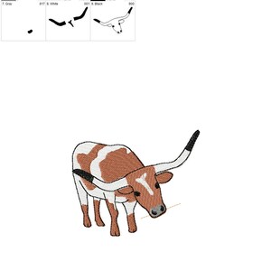 May include: An embroidered design of a Texas Longhorn cow, featuring a brown and white body with long, curved horns. The design is detailed with various color swatches, including white, clay brown, black, and gray. The image includes text at the bottom.