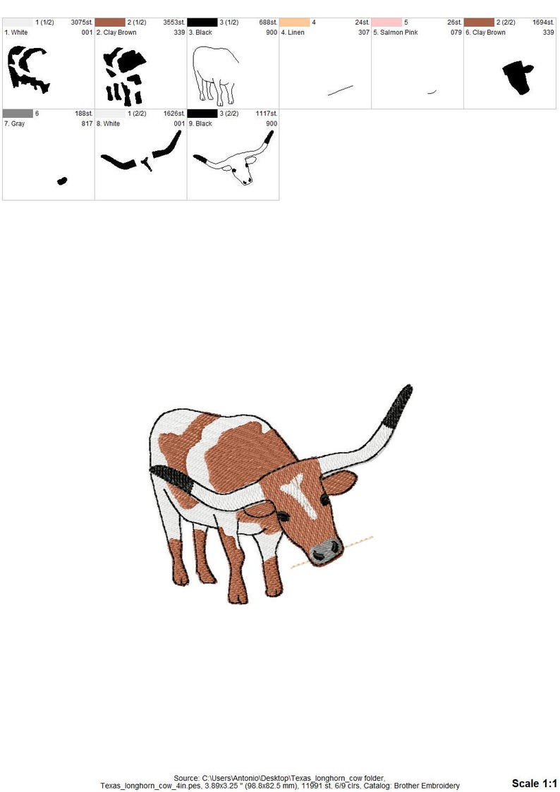 May include: An embroidered design of a Texas Longhorn cow, featuring a brown and white body with long, curved horns. The design is detailed with various color swatches, including white, clay brown, black, and gray. The image includes text at the bottom.