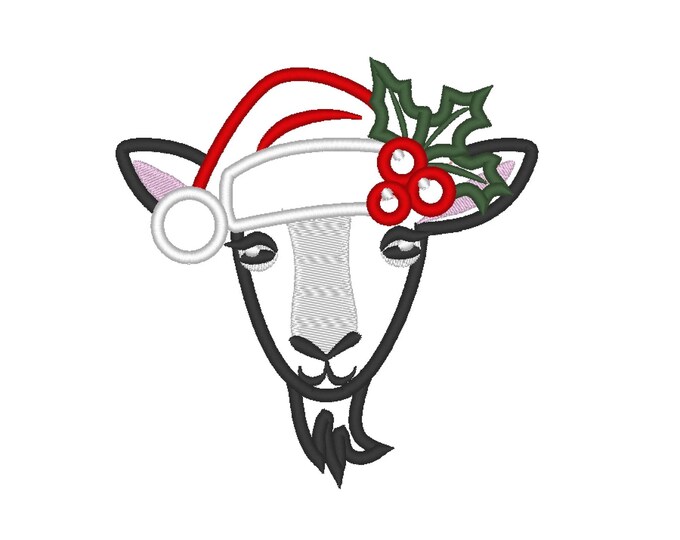 Christmas Goat with Santa hat and Holly flower Applique Goat face farm animal machine embroidery designs assorted sizes hoop 4x4, 5x7, 6x10