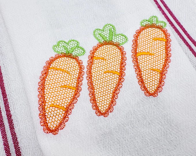 Carrot Vegetable Trio lace effect and lace edge machine embroidery designs sizes 5 up to 7 inch and single carrot for hoop 4x4 farm kitchen