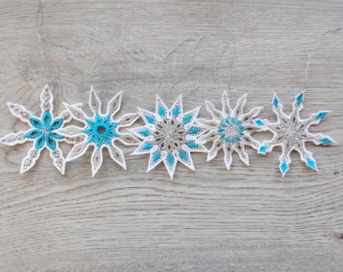 Snowflake Freestanding lace machine embroidery designs SET of 5 types in assorted sizes  FSL Free standing lace snowflake Christmas ornament