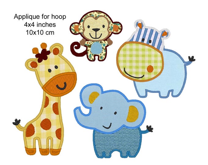 Wild animal SET Elephant Monkey Giraffe and Hippo Applique kids baby little boys machine embroidery designs sizes for hoop 4x4, 5x7, 6x10