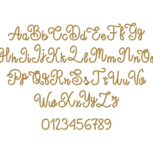 Hermosos diseños de bordado a máquina FONT con efecto manuscrito de puntada satinada en tamaños variados de 0,7 a 2,4 pulgadas, letras del alfabeto y números