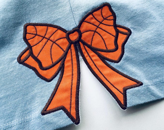 Basketball Bow Applique side bow machine embroidery designs wide ribbon Sports Girly Bow kids t-shirt sweatshirt split seam coquette bow