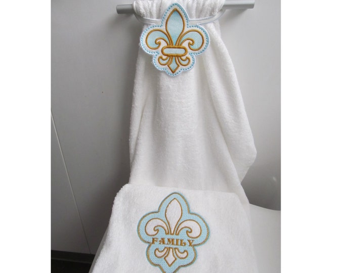 Towel topper hanging Fleur de Lis embroidery split applique design & mini font - machine embroidery alphabet designs 4x4 and 5x7 INSTANT
