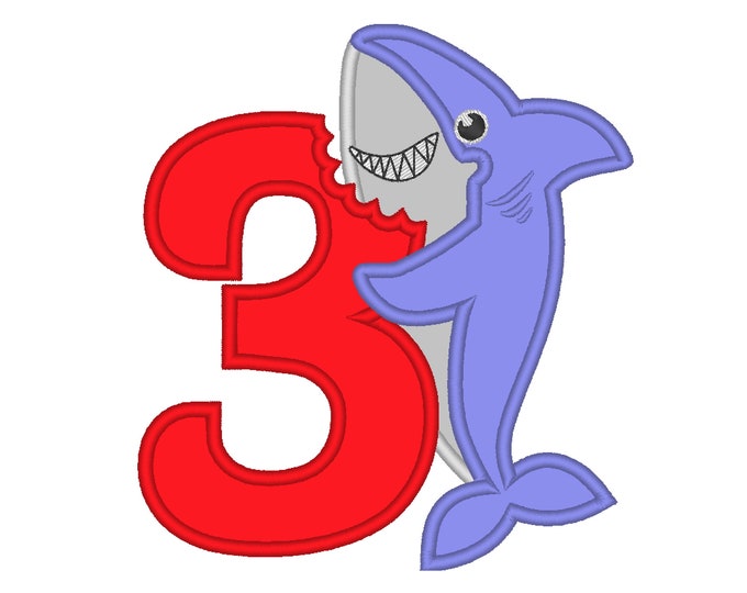 Baby Shark Birthday number 3 THREE bitten number kids boy Birthday outfit design machine embroidery applique designs for hoop 4x4, 5x7, 6x10