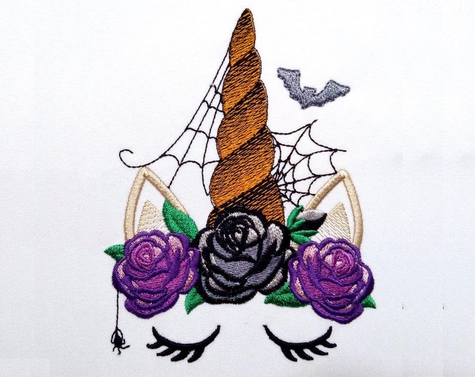 Halloween spider Unicorn head with shabby chick roses flowers crown applique machine embroidery designs Rainbow unicorn embroidery face fall