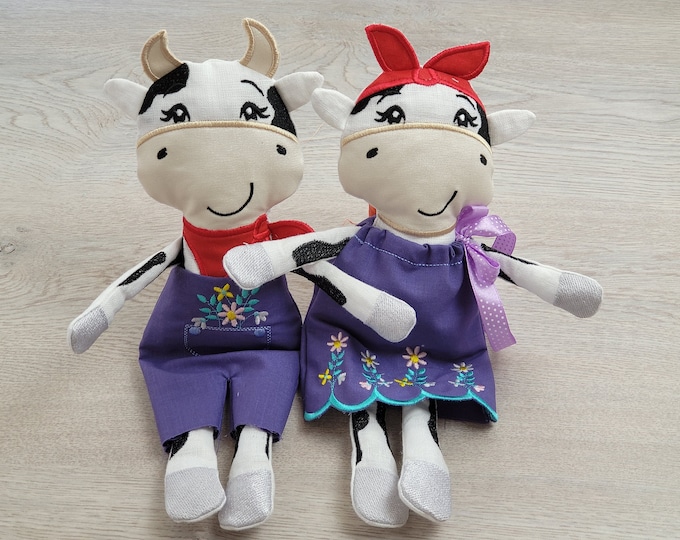 Pretty Cows heifers 2 different ITH embroidery in the hoop machine embroidery design, farm cow toy doll clothing skirt & pants included