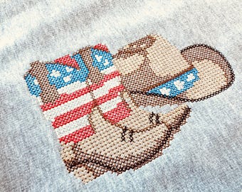 Cross stitch Cowboy Boots and Hat USA flag patterned patriotic 4th of July American machine embroidery designs assorted sizes 4.5 up to 9 in