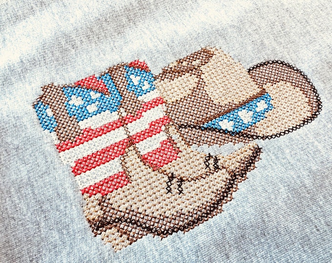 Cross stitch Cowboy Boots and Hat USA flag patterned patriotic 4th of July American machine embroidery designs assorted sizes 4.5 up to 9 in