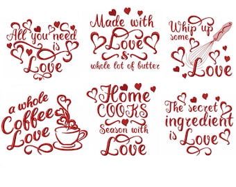 Kitchen towel designs with love SET of 6 designs - Kitchen cute quotes - machine embroidery designs - 4x4, 5x7  INSTANT DOWNLOAD