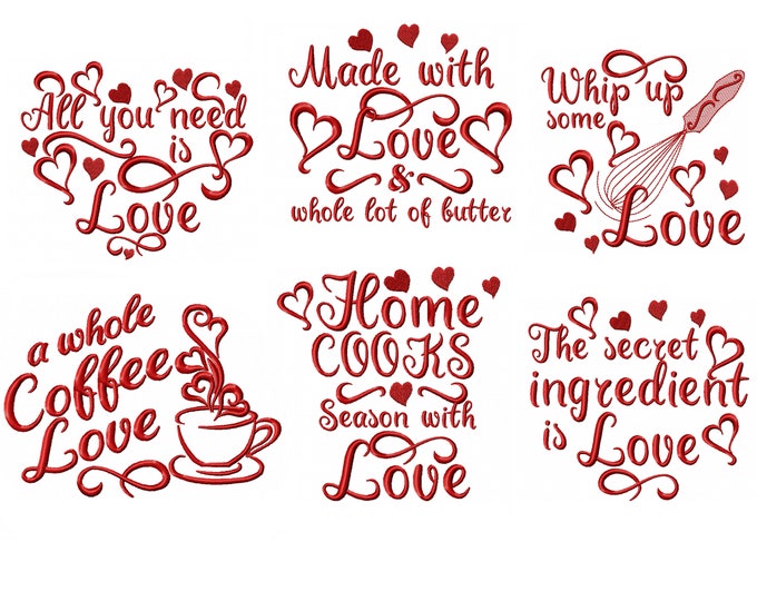 Kitchen towel designs with love SET of 6 designs - Kitchen cute quotes - machine embroidery designs - 4x4, 5x7  INSTANT DOWNLOAD