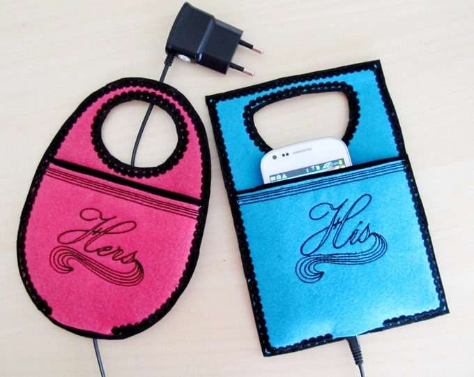 His and Hers - great for wedding gifts - Organize mobile/device charging - "In The Hoop" machine embroidery designs