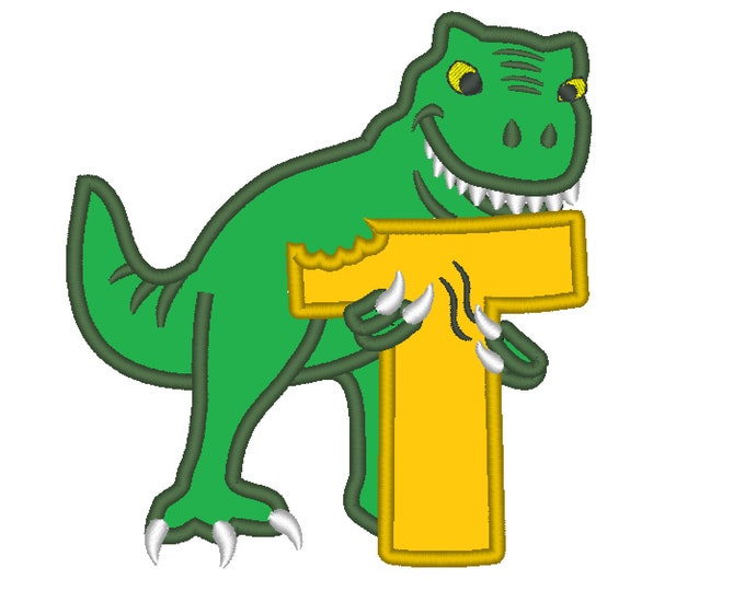 T letter T-rex dinosaur Birthday only one LETTER T machine embroidery Birthday outfit designs - for hoops 4x4, 5x7, 6x10  INSTANT DOWNLOAD