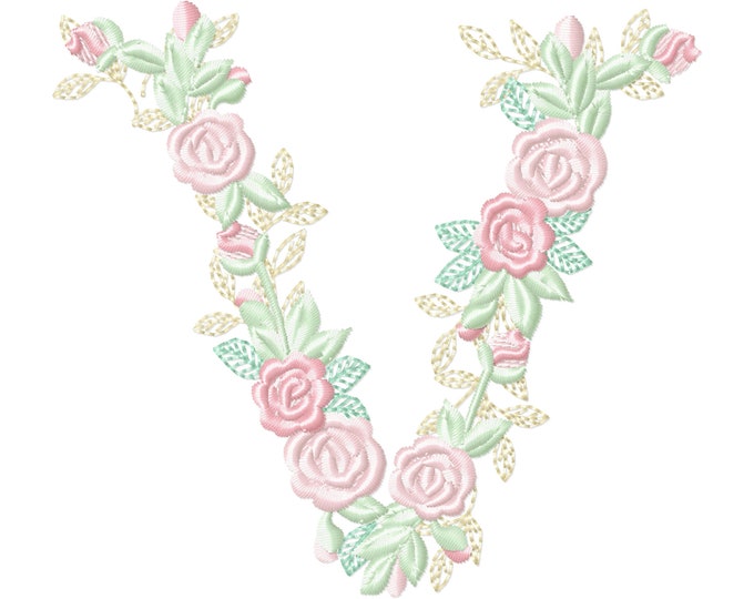 Delicate Roses Floral letter V garden flag monogram flowers flower flowered Font machine embroidery designs 3.5, 4, 5, 6, 7, 8 in