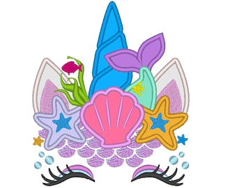 Mermaid Sea Unicorn head with shell and star crown applique machine embroidery designs Summertime unicorn face nautical, sea