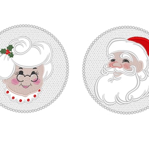 May include: Embroidered images of Mrs. Claus and Santa Claus, each within a circular frame. Mrs. Claus has white hair, glasses, and a holly sprig. Santa Claus wears a red hat and has a white beard. Both have smiling faces.