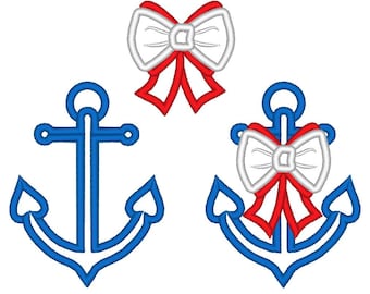 Cute set of anchor with bow and single, cute nautical embellishment - single files, machine applique designs 4x4, 5x7 INSTANT DOWNLOAD