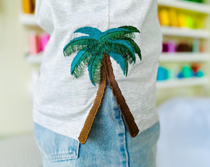 Fringed fluffy Palm Tree split side seam cutout side bow machine embroidery designs summer beach girls outfit t-shirt fringe embroidery