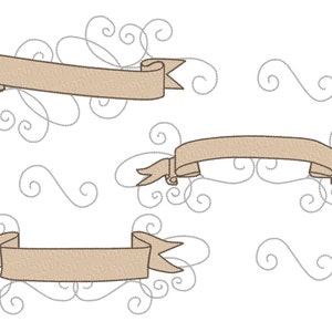 May include: Three brown ribbon banners with decorative swirls. The banners are blank and ready for text.