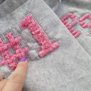 May include: Gray sweatshirt with pink fuzzy embroidered text that reads "#1s".