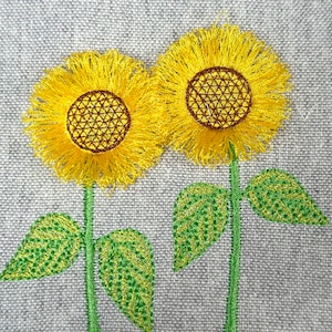 Two Sunflowers in a row Fringed Flower Stems Fluffy Fringe Sunflower in 4 Sizes machine embroidery designs download summer Sunflower fuzzy