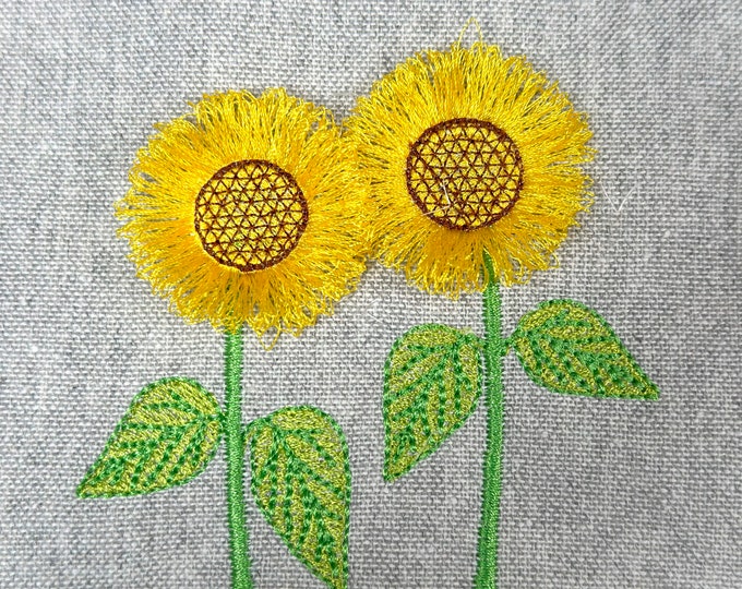 Two Sunflowers in a row Fringed Flower Stems Fluffy Fringe Sunflower in 4 Sizes machine embroidery designs download summer Sunflower fuzzy