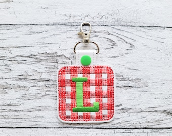 Key fob snap tab buffalo plaid Monogram alphabet initial letters from A up to Z in the hoop ITH keychain bag tag machine embroidery designs