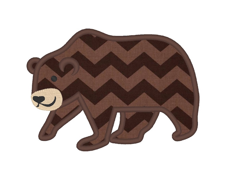 May include: Brown bear applique with a chevron pattern. The bear has a simple smiling face with black eyes and a brown nose.