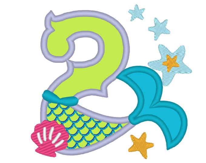 Mermaid Tail Birthday number, Mermaid number TWO 2 applique, Mermaid Kisses and starfish wishes 4x4 5x7 mermaid embroidery design