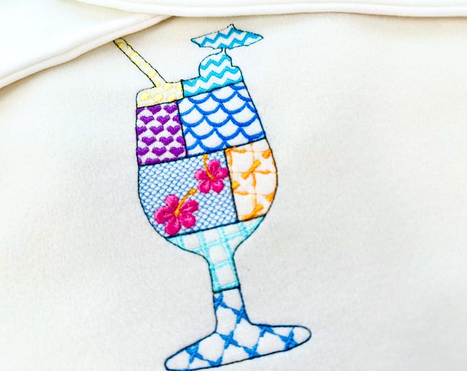 Patchwork Summer Cocktail with Straw Umbrella beach pool party drink glass silhouette outline machine embroidery designs sizes 4 up to 7 in