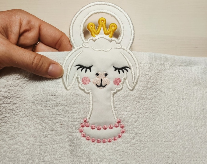 Pretty little llama with crown princess terry towel topper hanging hole In The Hoop machine embroidery designs ITH project towel hanger