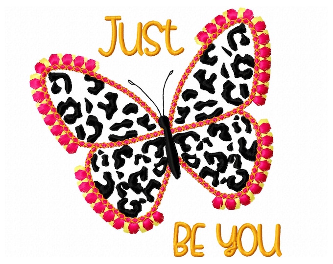 Retro Fringed Wings Butterfly leopard print Just Be You saying machine embroidery designs many sizes 4 up to 7 inches fringe fluffy chenille