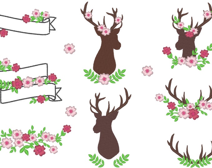 Deer Silhouette, antlers with leaves and flowers, BIG floral monogramming set Machine embroidery designs for hoop 4x4, 5x7 monogram banner