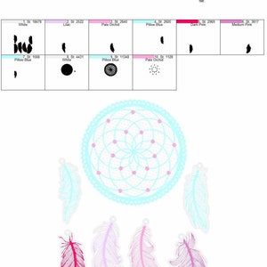 May include: A blue and white dreamcatcher with pink beads and four pink, purple, and red feathers. The dreamcatcher is 6.17 inches by 8.53 inches.