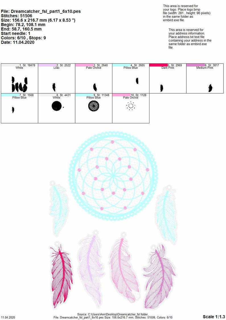 May include: A blue and white dreamcatcher with pink beads and four pink, purple, and red feathers. The dreamcatcher is 6.17 inches by 8.53 inches.