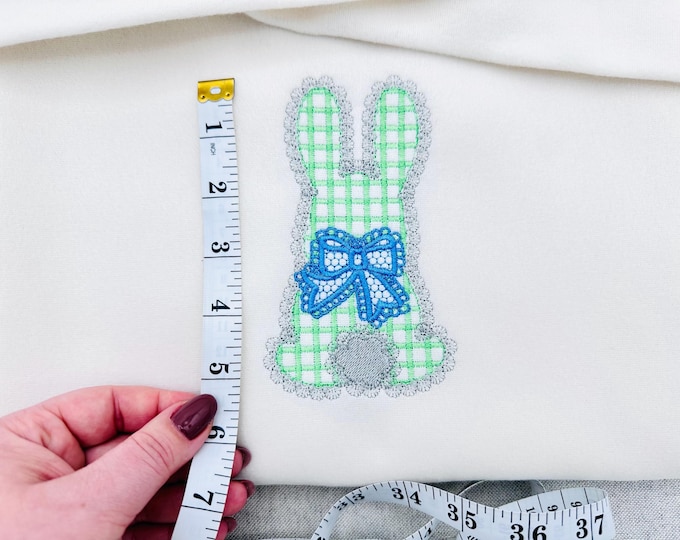 Lace edge Bunny with Bow gingham plaid patterned Bunny outline Easter kids baby girls boys machine embroidery designs sizes 3.5 up to 8 inch