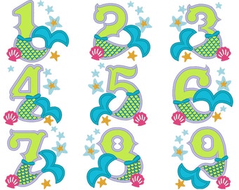Mermaid Tail Birthday number, Mermaid numbers birthday outfit, Mermaid Kisses and starfish wishes 4x4 5x7 mermaid machine embroidery designs