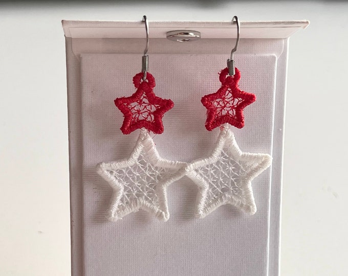 Summer Stars earrings charm pendant FSL freestanding lace machine embroidery design 1.8 inch patriotic Independence Day earrings in the hoop