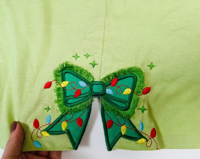Fringed fluffy Bow and Christmas lights side bow split seam in the hoop machine embroidery designs heirloom Bow sweatshirt t-shirt design