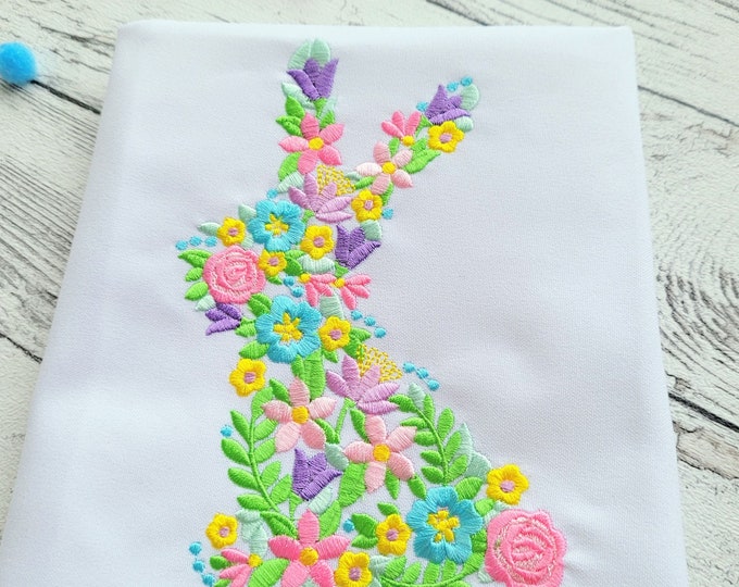 Floral Easter Bunny silhouette, cute bunny flower towel pillow home embroidery idea machine embroidery designs assorted sizes 5, 6, 7, 8 in