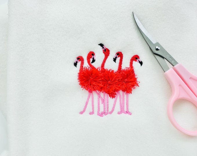 Mini Fringed fluffy 5 Flamingos flock of 5 Flamingo bird machine embroidery designs small sizes for hoop 4x4  5x7 fringe fur chenille design