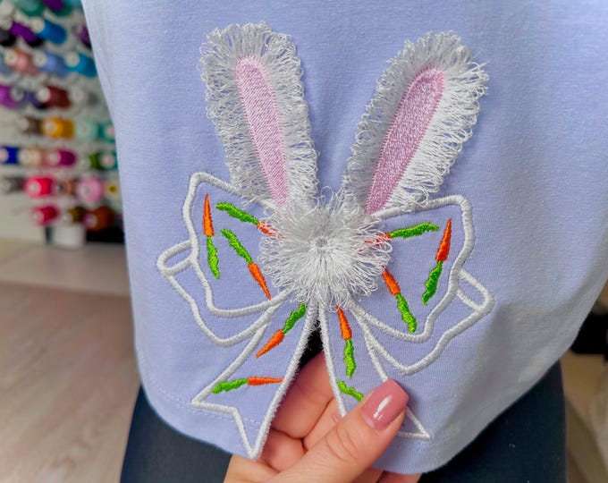 Easter Bunny Bow Fringed fluffy Bunny ears split side seam cutout side bow machine embroidery designs farm animal kids sweatshirt tshirt