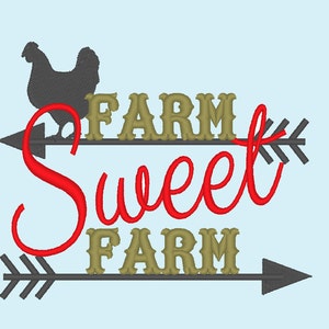 Op de afbeelding: Een zwart silhouet van een kip met een gouden pijl die naar rechts wijst en de tekst "FARM" erboven. Onder de pijl staat de tekst "Sweet FARM" in rood cursief.