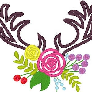 Antlers with flowes, floral buck deer antler shabby chic flowers, machine embroidery applique designs 4, 5, 6, 7, 8 inches INSTANT DOWNLOAD